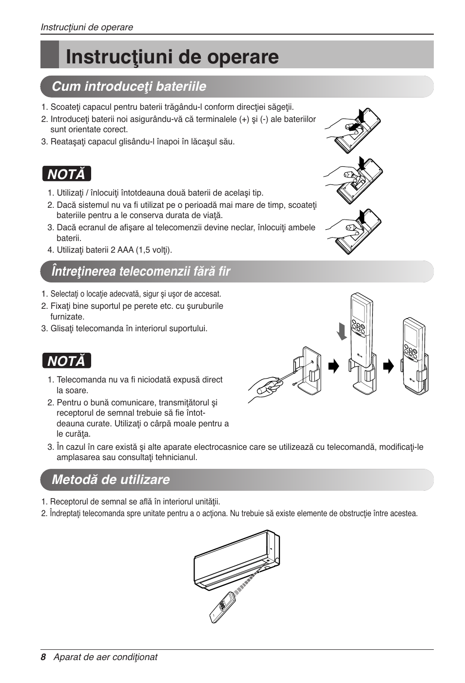 Instrucţiuni de operare, Notă, Metodă de utilizare | LG CC07AWV User Manual | Page 228 / 381