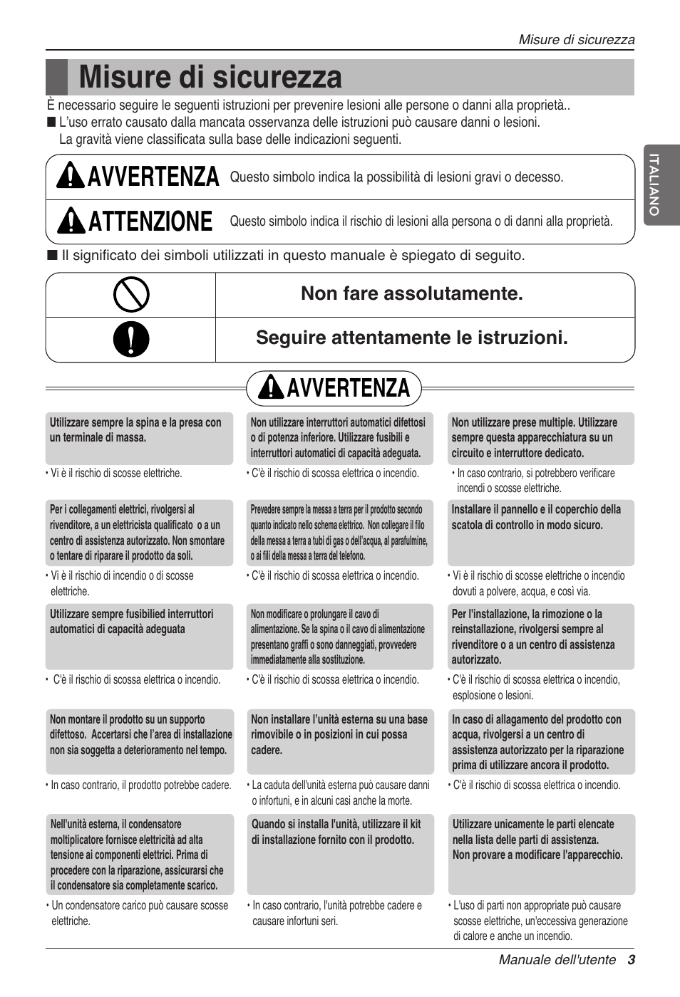 Misure di sicurezza, Avvertenza attenzione, Avvertenza | LG CC07AWV User Manual | Page 23 / 381