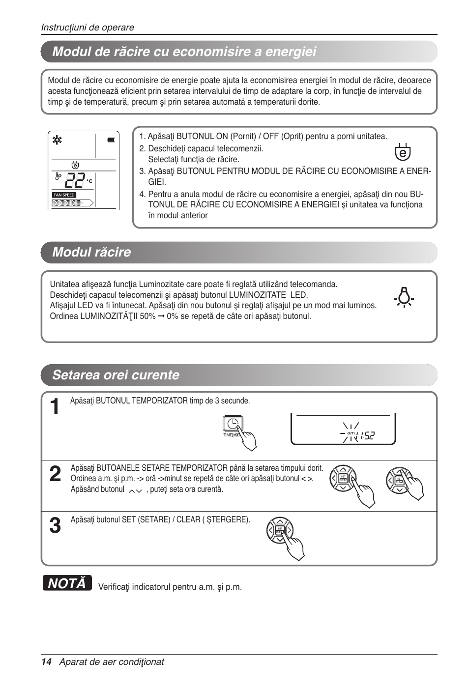 Notă, Modul de răcire cu economisire a energiei, Modul răcire | Setarea orei curente | LG CC07AWV User Manual | Page 234 / 381