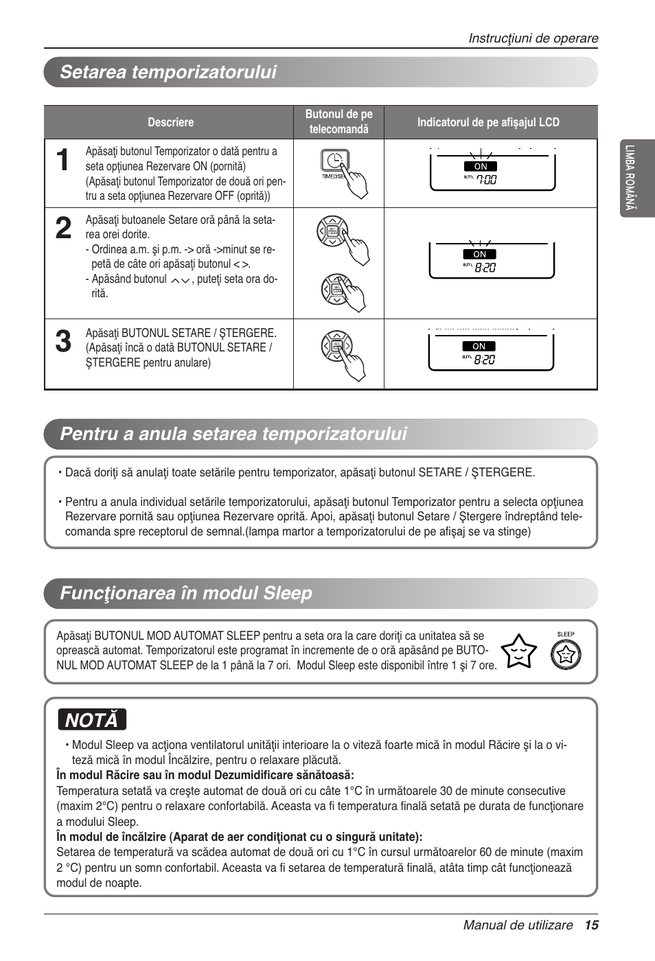 Notă, Funcţionarea în modul sleep | LG CC07AWV User Manual | Page 235 / 381