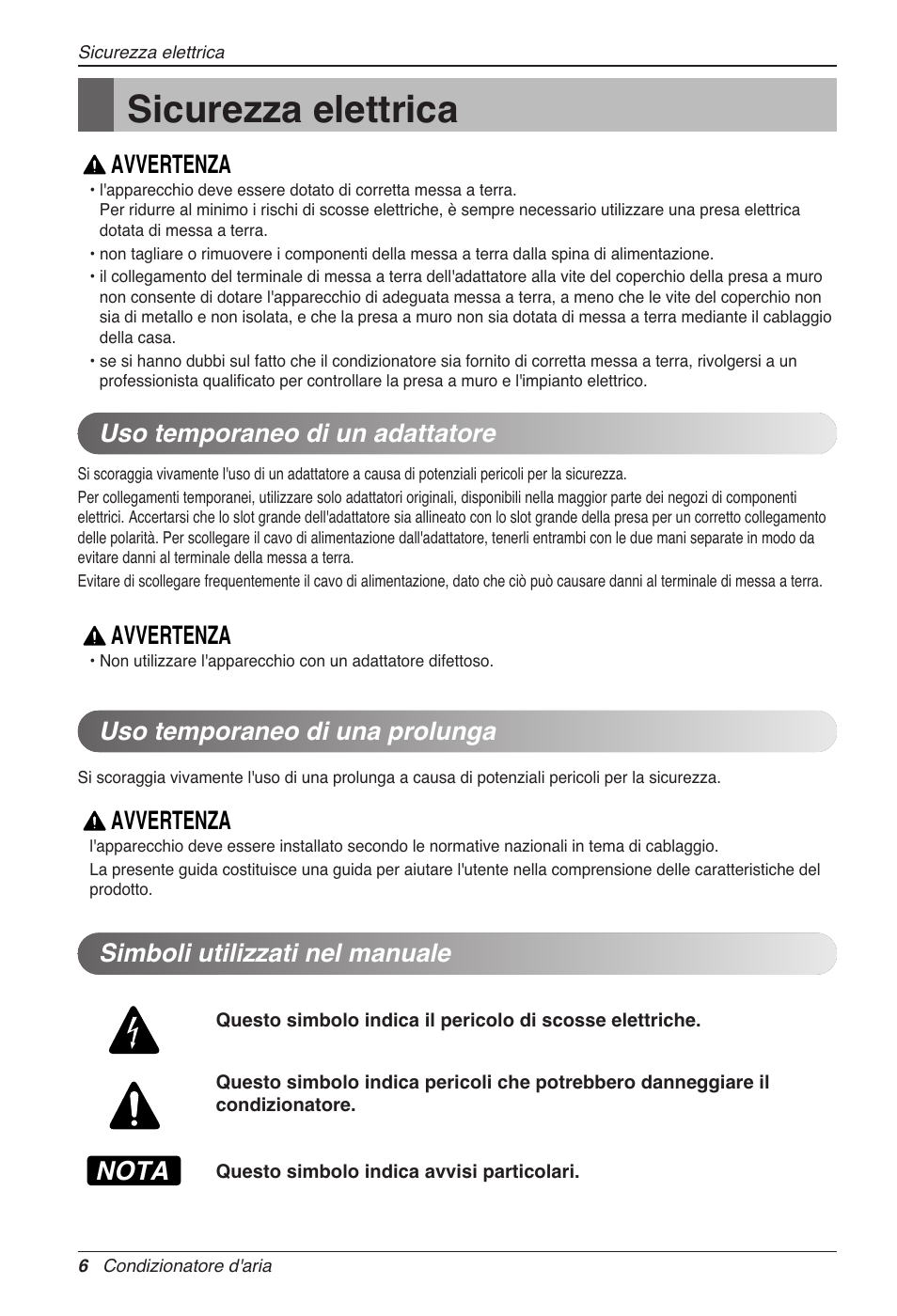 Sicurezza elettrica, Avvertenza, Nota | Simboli utilizzati nel manuale | LG CC07AWV User Manual | Page 26 / 381