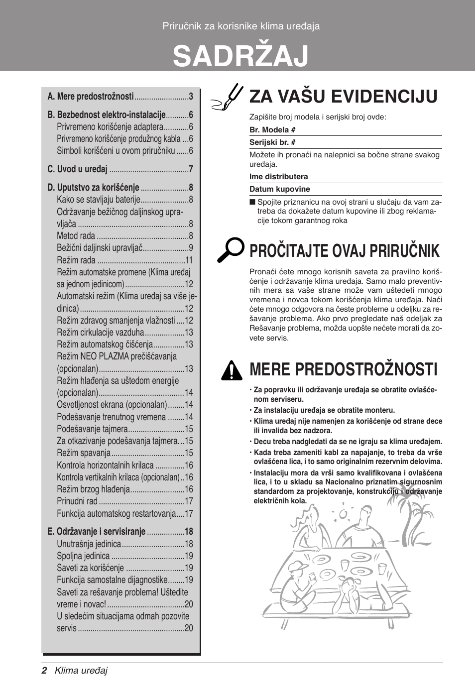 Sadržaj, Za vašu evidenciju, Pročitajte ovaj priručnik | Mere predostrožnosti | LG CC07AWV User Manual | Page 262 / 381