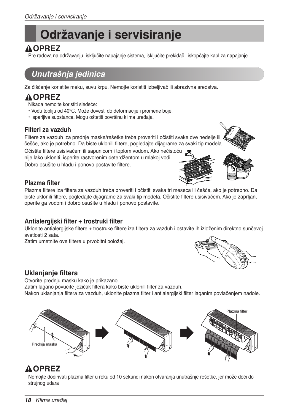 Održavanje i servisiranje, Oprez, Unutrašnja jedinica | LG CC07AWV User Manual | Page 278 / 381