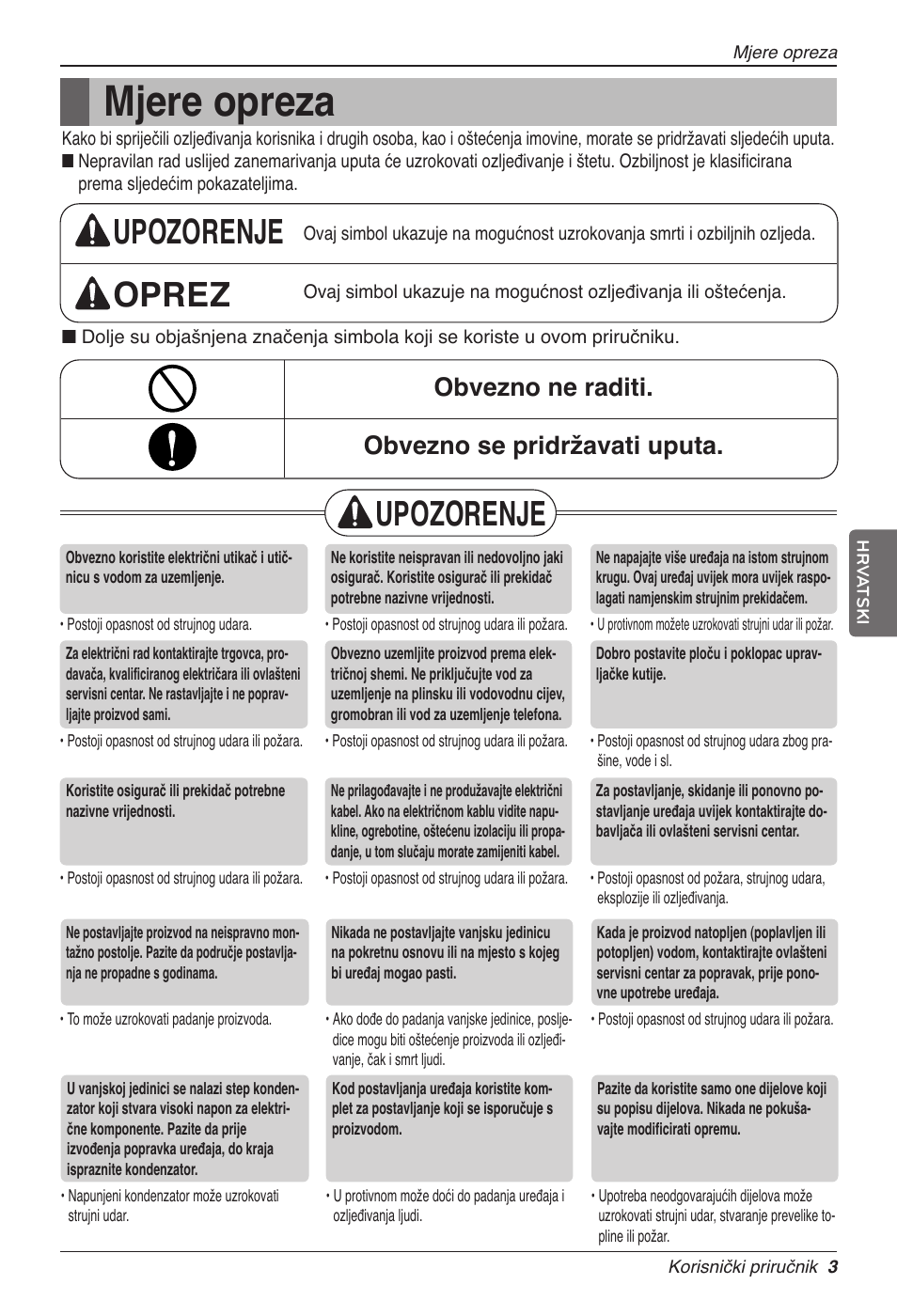 Mjere opreza, Upozorenje oprez, Upozorenje | Obvezno ne raditi. obvezno se pridržavati uputa | LG CC07AWV User Manual | Page 283 / 381