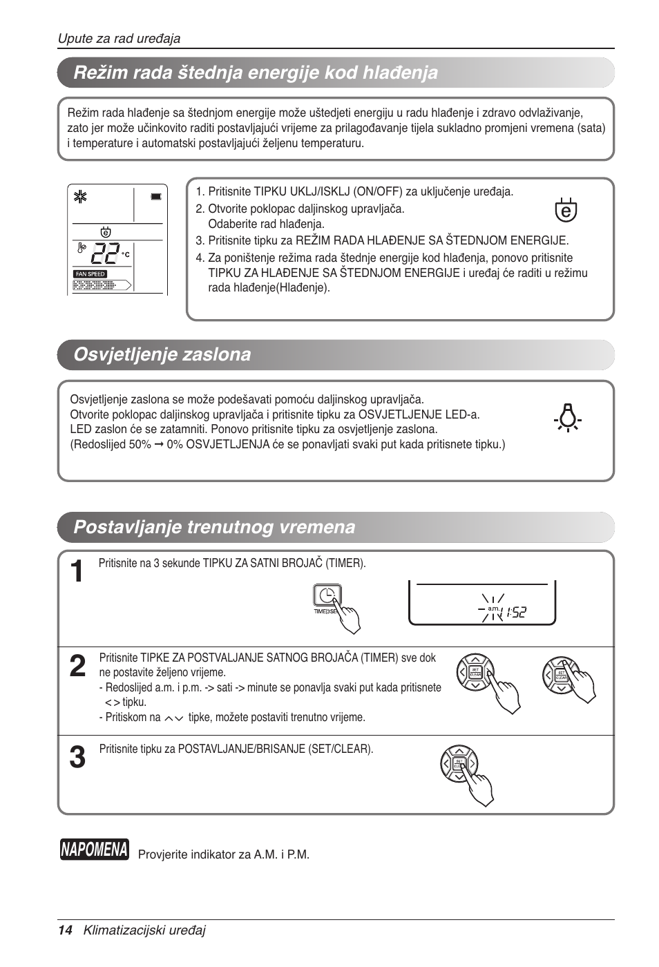 Napomena, Režim rada štednja energije kod hlađenja, Osvjetljenje zaslona | Postavljanje trenutnog vremena | LG CC07AWV User Manual | Page 294 / 381