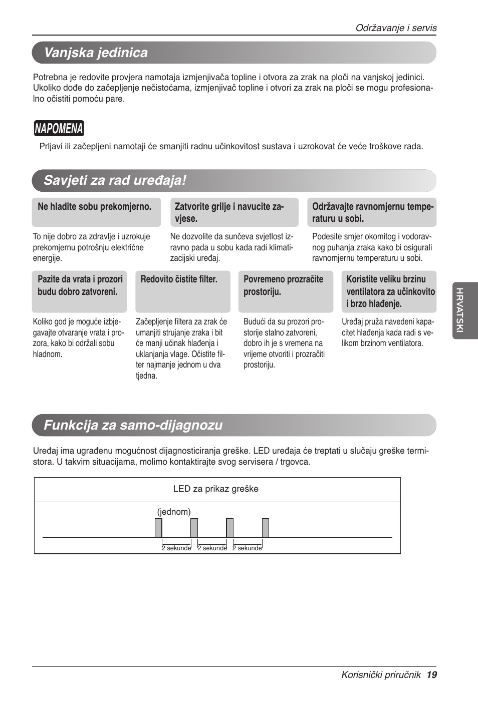 Napomena, Vanjska jedinica, Savjeti za rad uređaja! funkcija za samo-dijagnozu | LG CC07AWV User Manual | Page 299 / 381