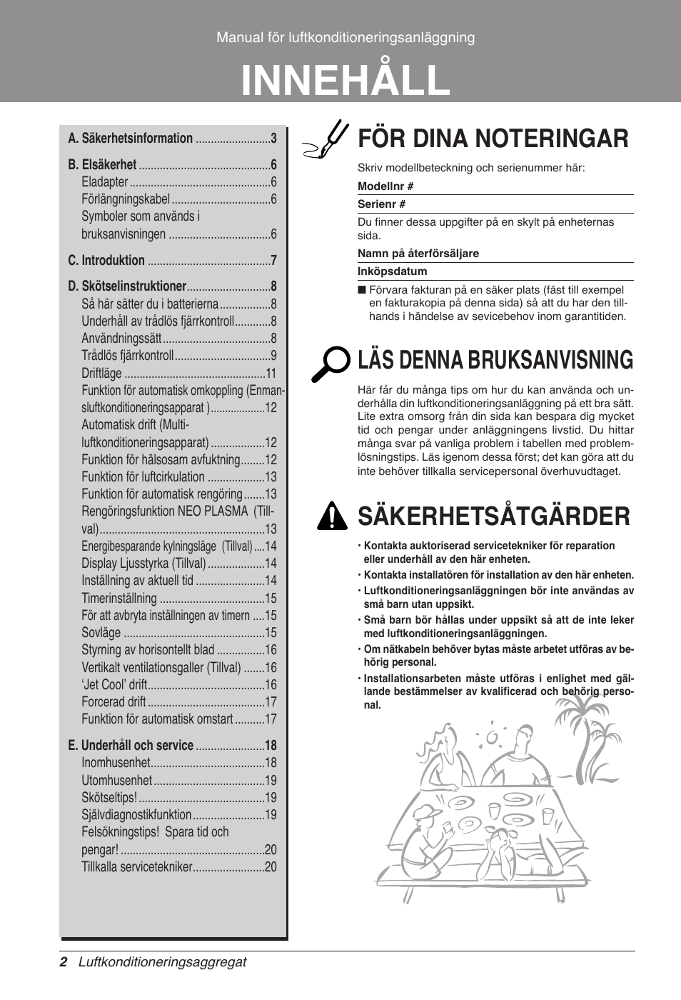 Innehåll, Läs denna bruksanvisning, Säkerhetsåtgärder | LG CC07AWV User Manual | Page 302 / 381