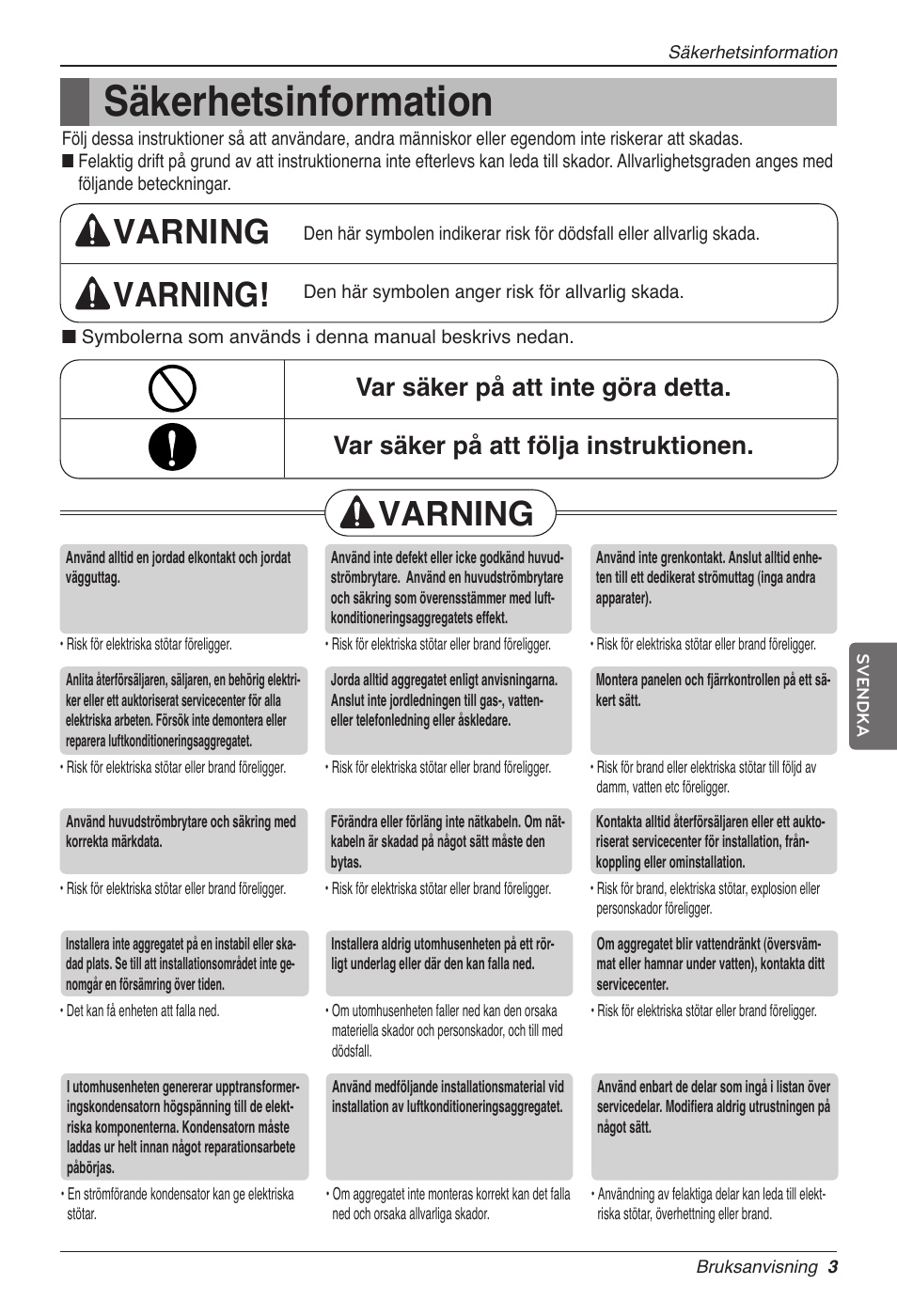 Säkerhetsinformation, Varning varning, Varning | LG CC07AWV User Manual | Page 303 / 381