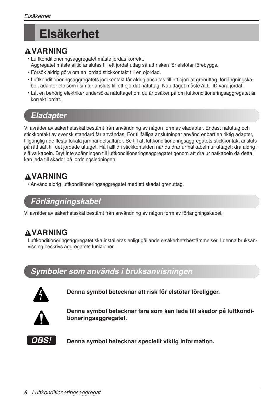 Elsäkerhet, Varning, Varning eladapter förlängningskabel | Symboler som används i bruksanvisningen | LG CC07AWV User Manual | Page 306 / 381