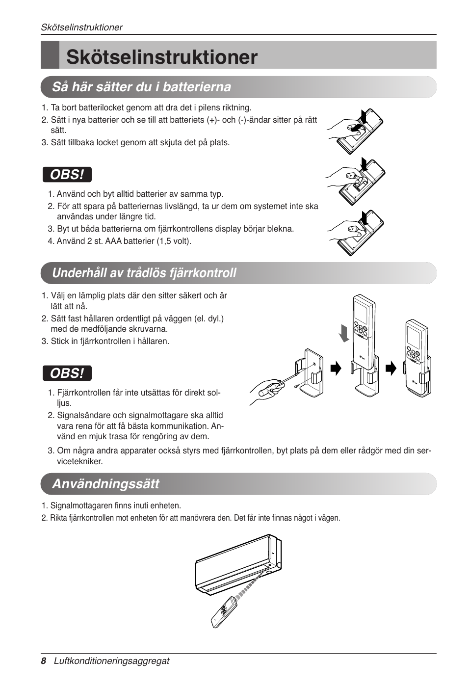 Skötselinstruktioner, Användningssätt | LG CC07AWV User Manual | Page 308 / 381
