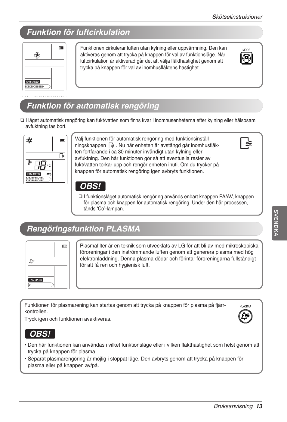 Funktion för automatisk rengöring, Rengöringsfunktion plasma, Funktion för luftcirkulation | LG CC07AWV User Manual | Page 313 / 381