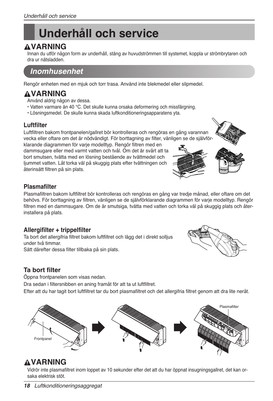 Underhåll och service, Varning, Inomhusenhet | LG CC07AWV User Manual | Page 318 / 381