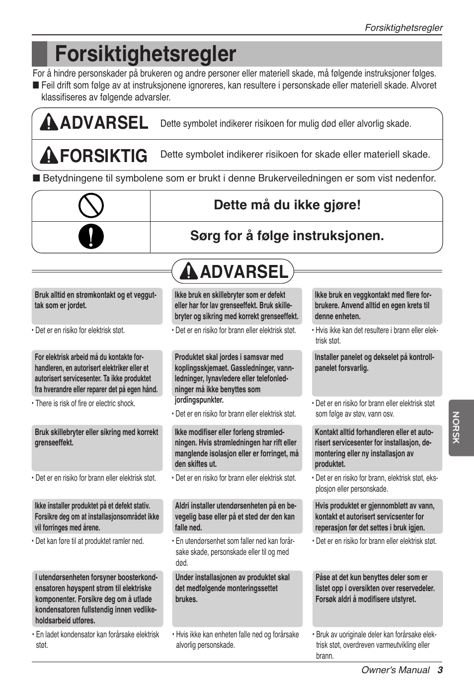 Forsiktighetsregler, Advarsel forsiktig, Advarsel | LG CC07AWV User Manual | Page 323 / 381