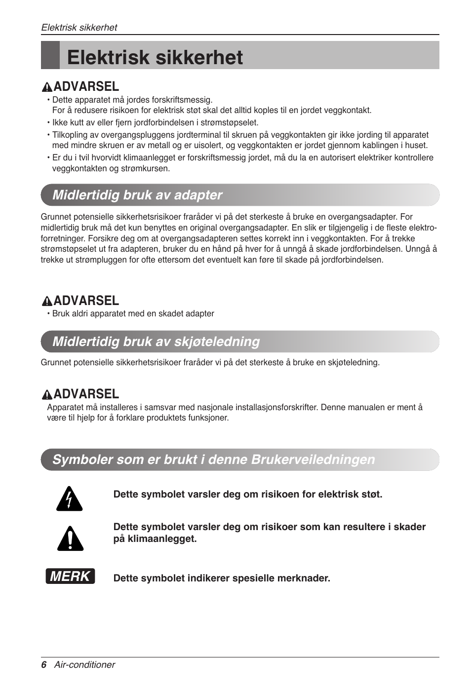 Elektrisk sikkerhet, Merk, Advarsel | Symboler som er brukt i denne brukerveiledningen | LG CC07AWV User Manual | Page 326 / 381