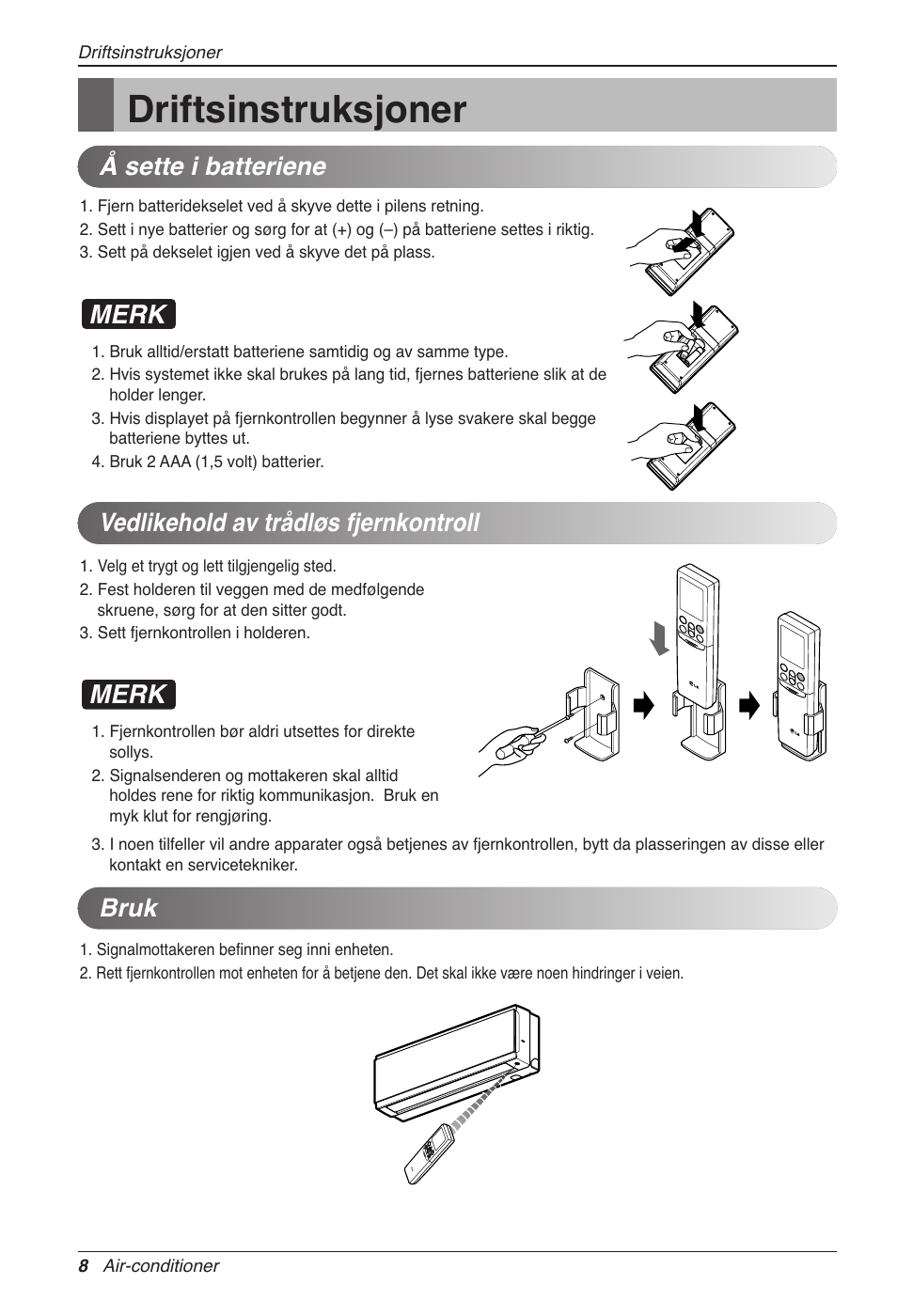 Driftsinstruksjoner, Merk, Bruk | LG CC07AWV User Manual | Page 328 / 381