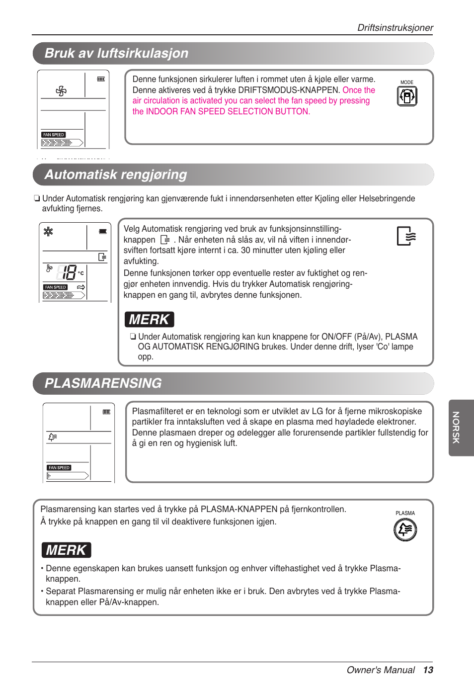 Merk, Automatisk rengjøring, Plasmarensing | Bruk av luftsirkulasjon | LG CC07AWV User Manual | Page 333 / 381