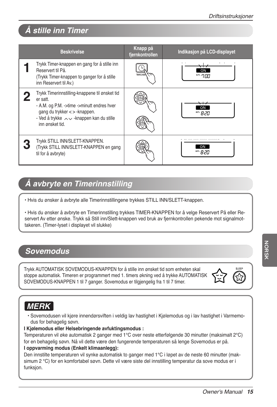 Merk, Å avbryte en timerinnstilling å stille inn timer, Sovemodus | LG CC07AWV User Manual | Page 335 / 381