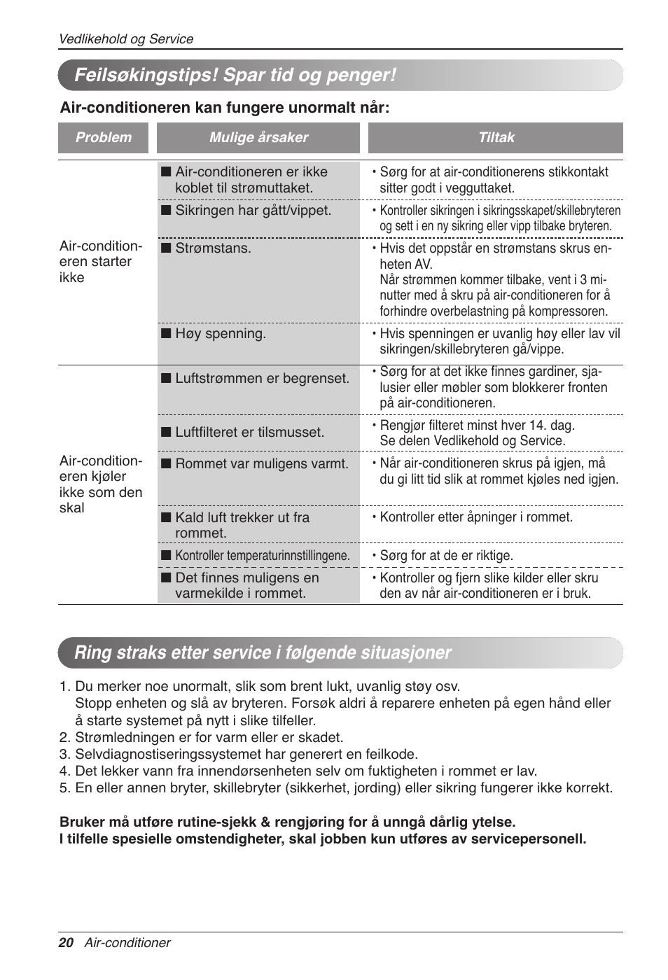 Feilsøkingstips! spar tid og penger, Ring straks etter service i følgende situasjoner | LG CC07AWV User Manual | Page 340 / 381