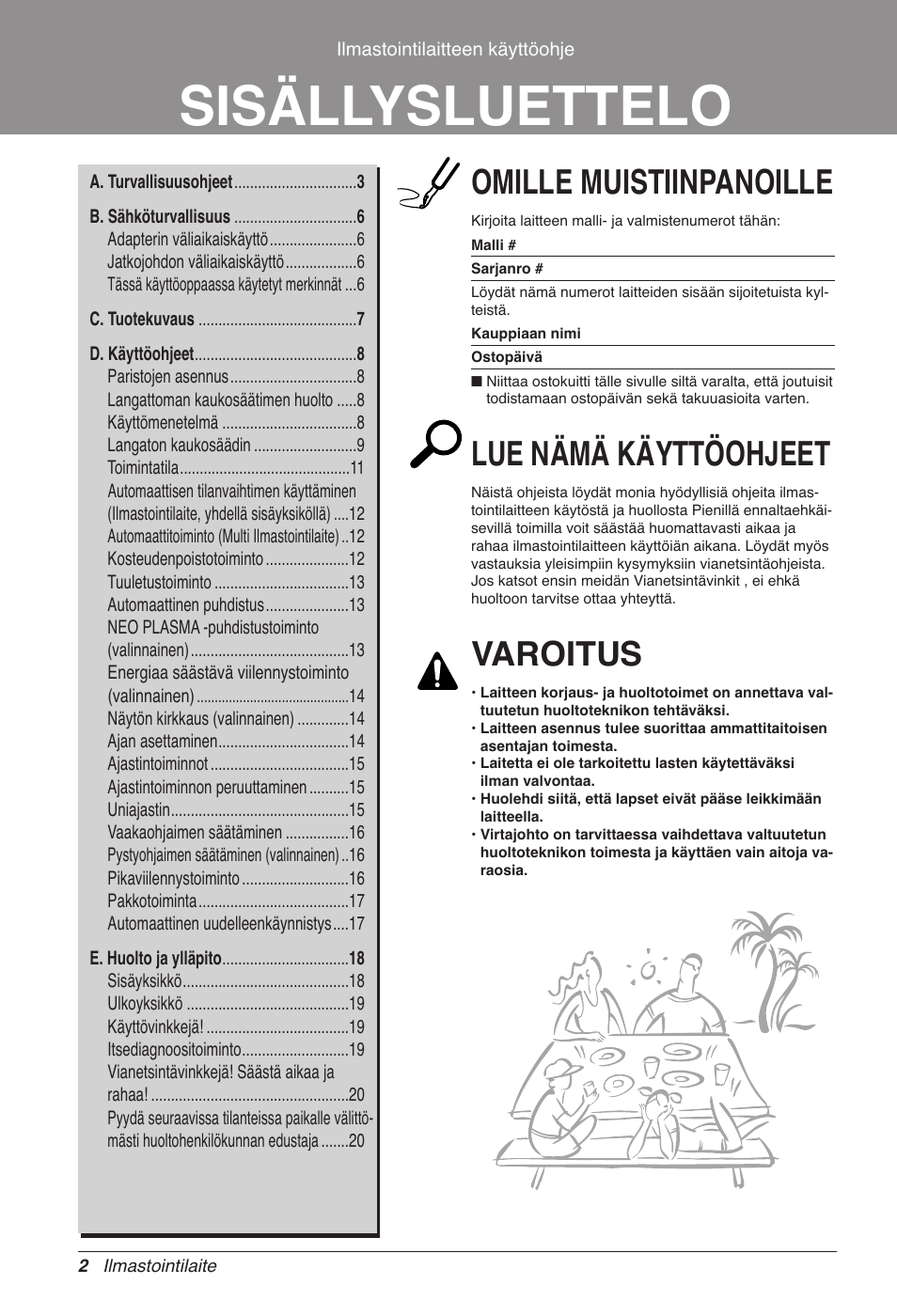 Sisällysluettelo, Omille muistiinpanoille, Lue nämä käyttöohjeet | Varoitus | LG CC07AWV User Manual | Page 342 / 381