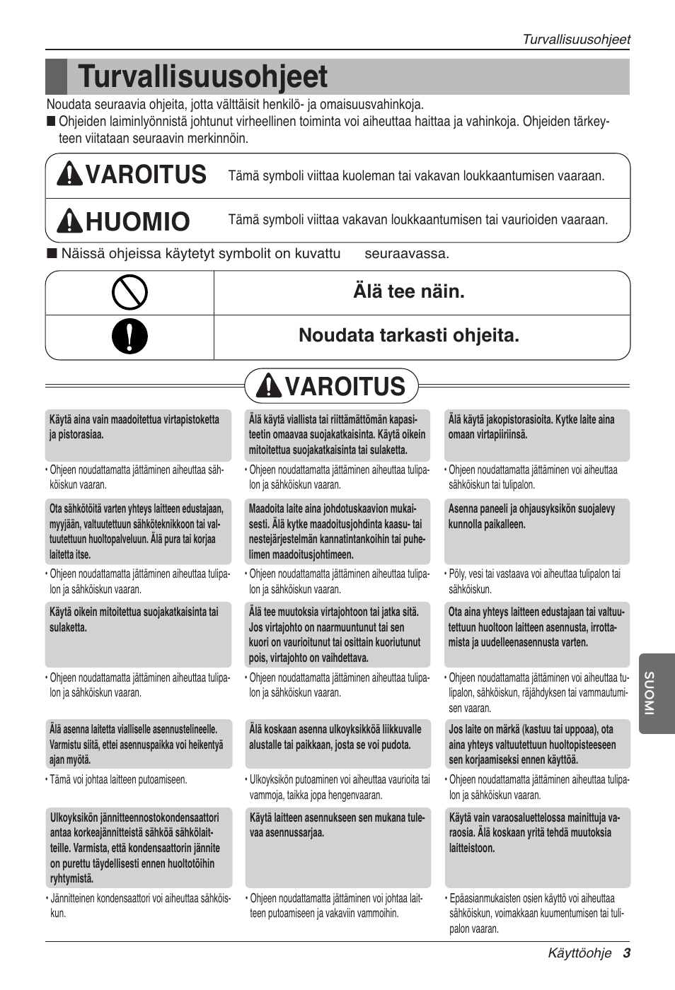 Turvallisuusohjeet, Varoitus huomio, Varoitus | Älä tee näin. noudata tarkasti ohjeita | LG CC07AWV User Manual | Page 343 / 381
