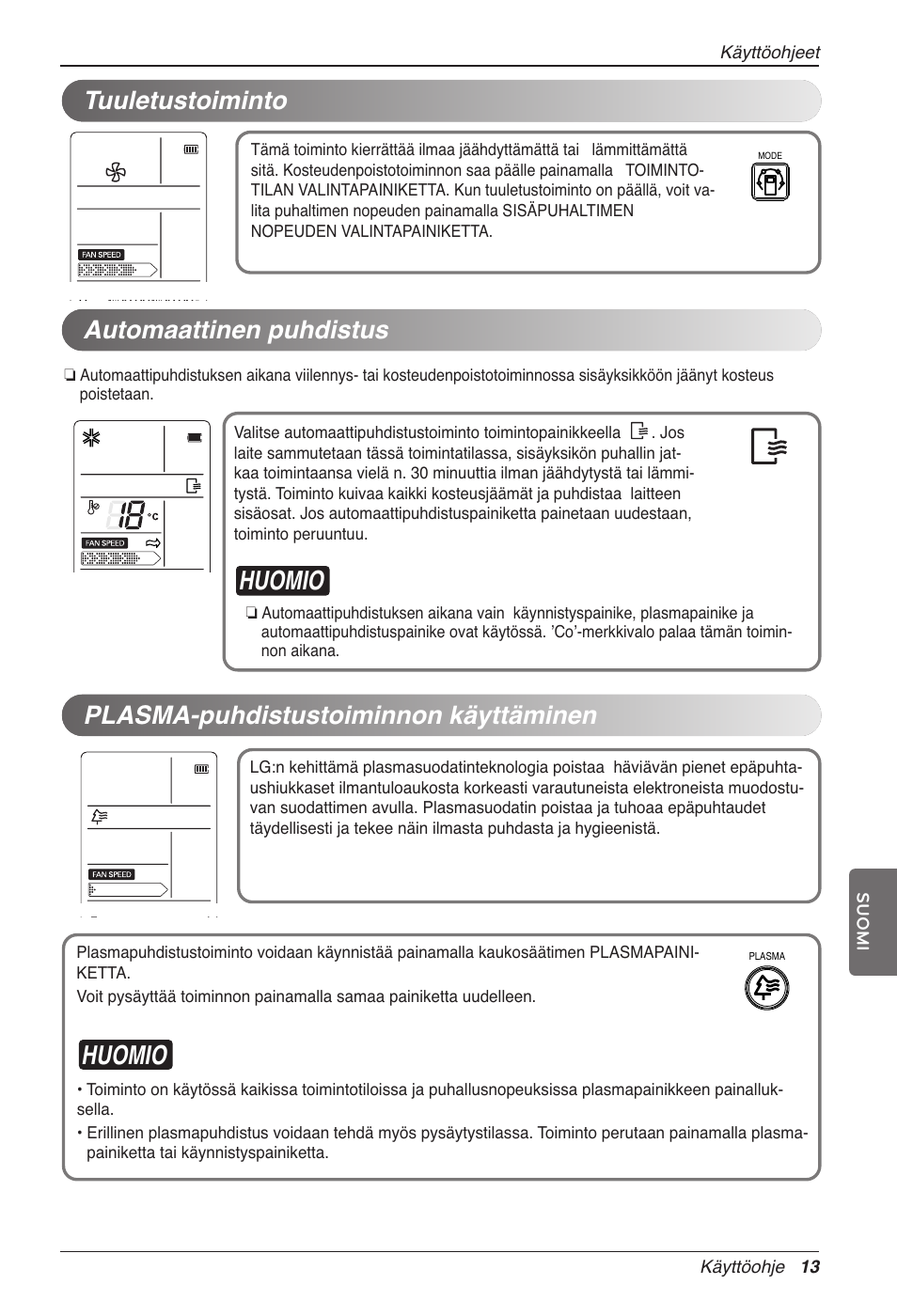 Huomio, Automaattinen puhdistus, Plasma-puhdistustoiminnon käyttäminen | Tuuletustoiminto | LG CC07AWV User Manual | Page 353 / 381