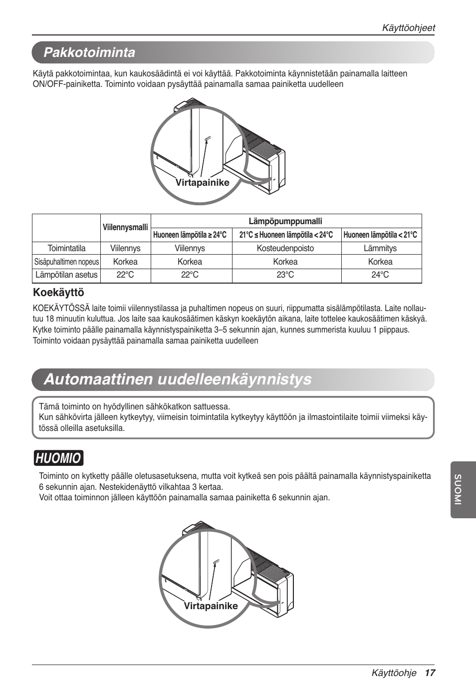 Automaattinen uudelleenkäynnistys, Huomio, Pakkotoiminta | LG CC07AWV User Manual | Page 357 / 381