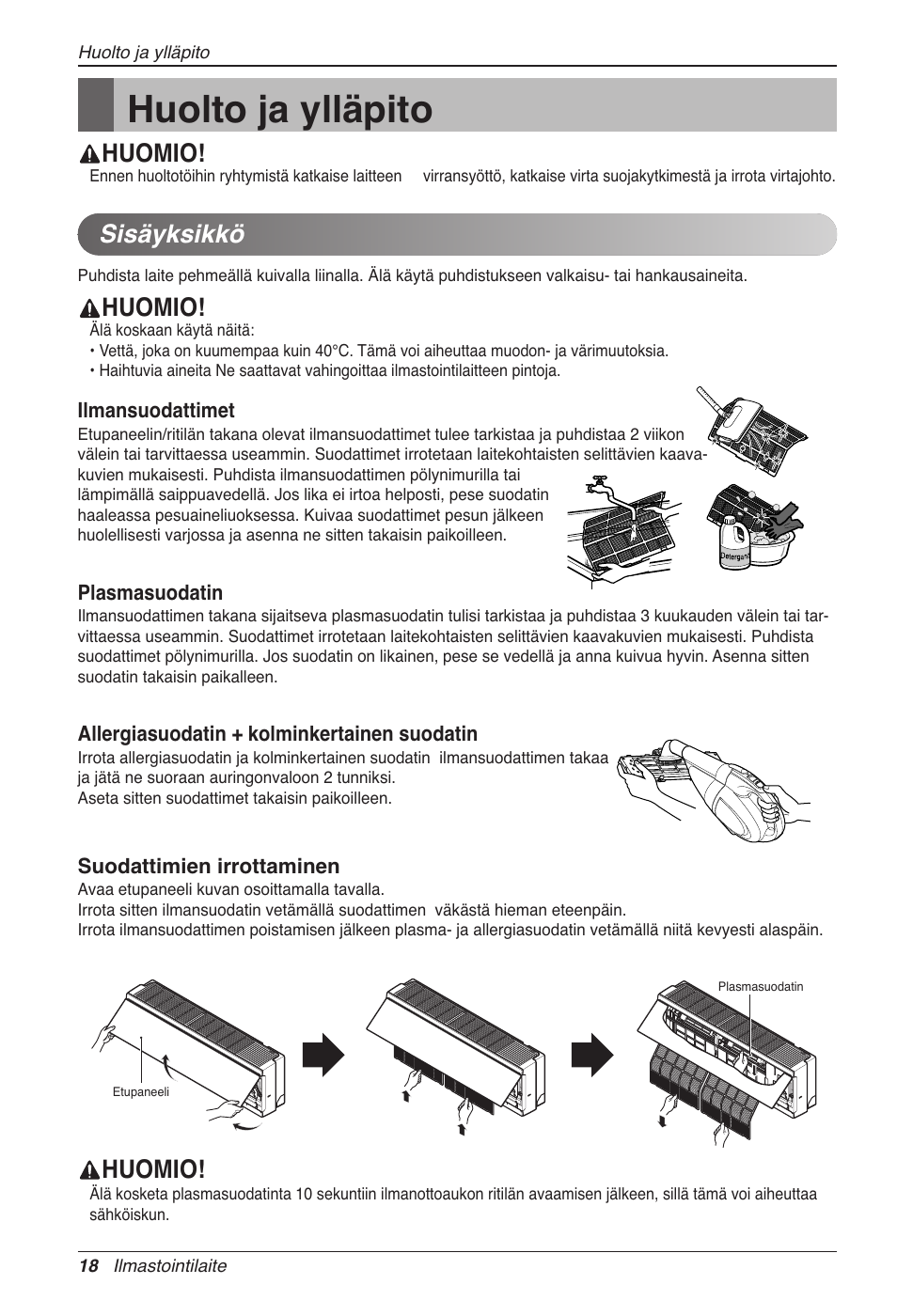 Huolto ja ylläpito, Huomio, Sisäyksikkö | LG CC07AWV User Manual | Page 358 / 381