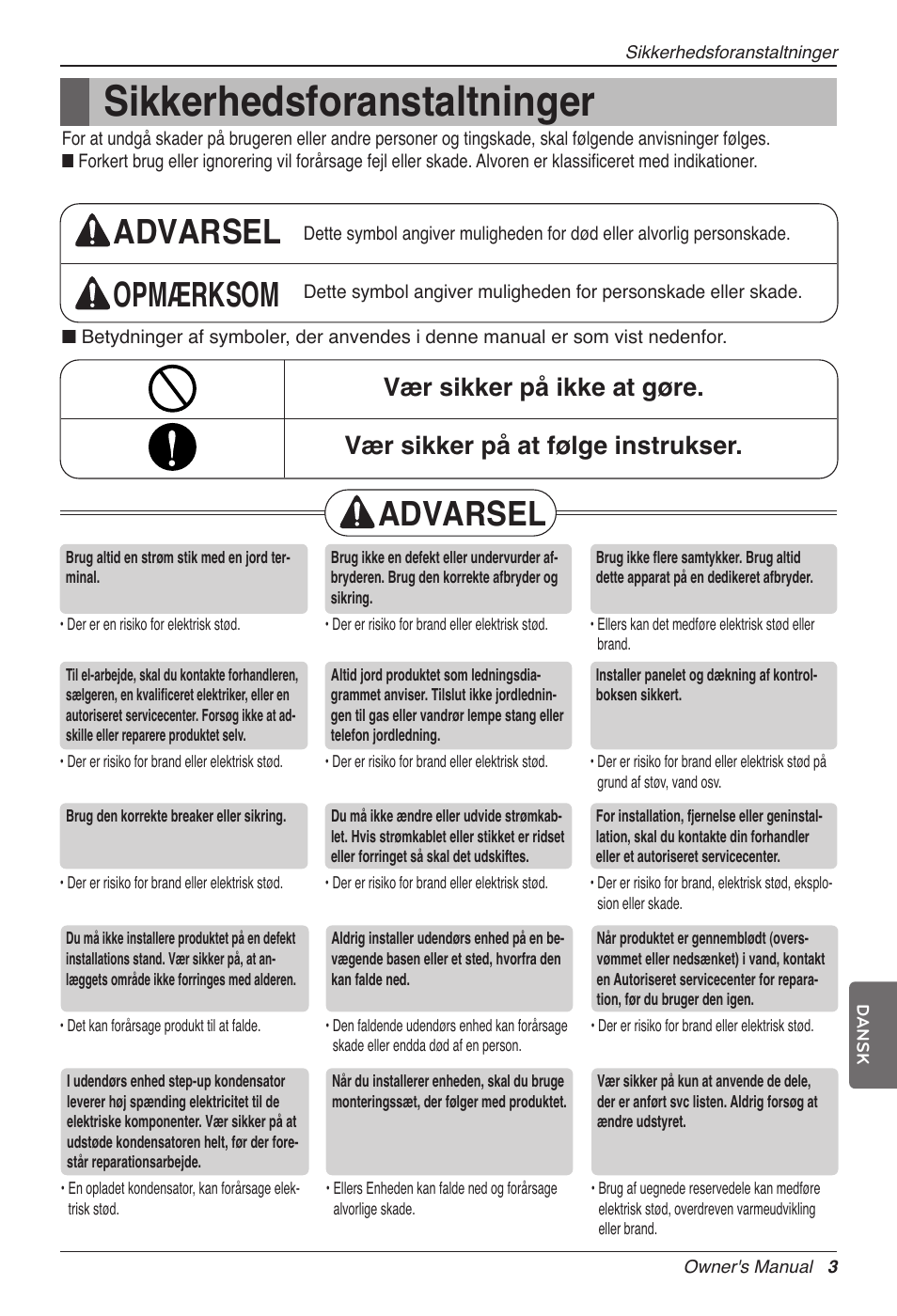 Sikkerhedsforanstaltninger, Advarsel opmærksom, Advarsel | LG CC07AWV User Manual | Page 363 / 381
