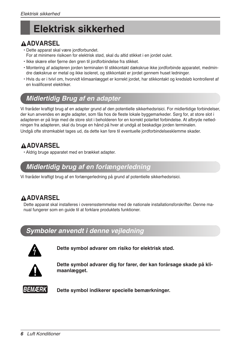 Elektrisk sikkerhed, Bemærk, Advarsel | Symboler anvendt i denne vejledning | LG CC07AWV User Manual | Page 366 / 381