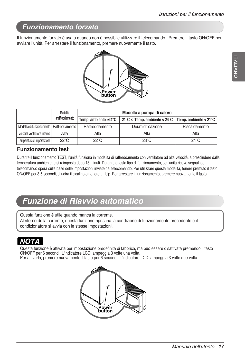 Funzione di riavvio automatico, Nota, Funzionamento forzato | Funzionamento test | LG CC07AWV User Manual | Page 37 / 381