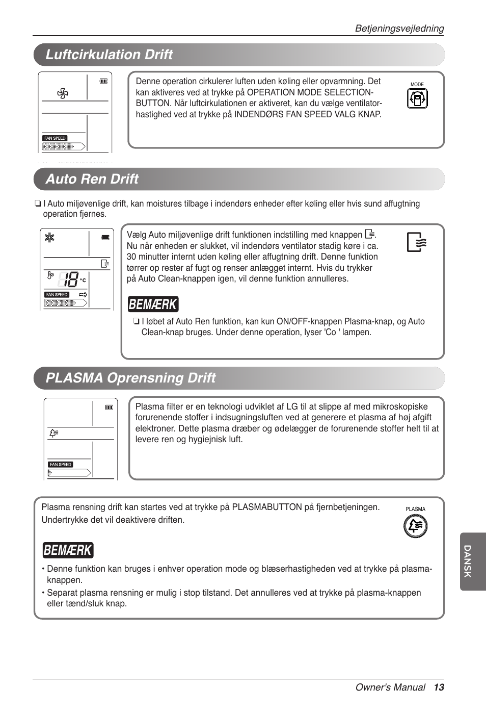 Bemærk, Auto ren drift, Plasma oprensning drift | Luftcirkulation drift | LG CC07AWV User Manual | Page 373 / 381