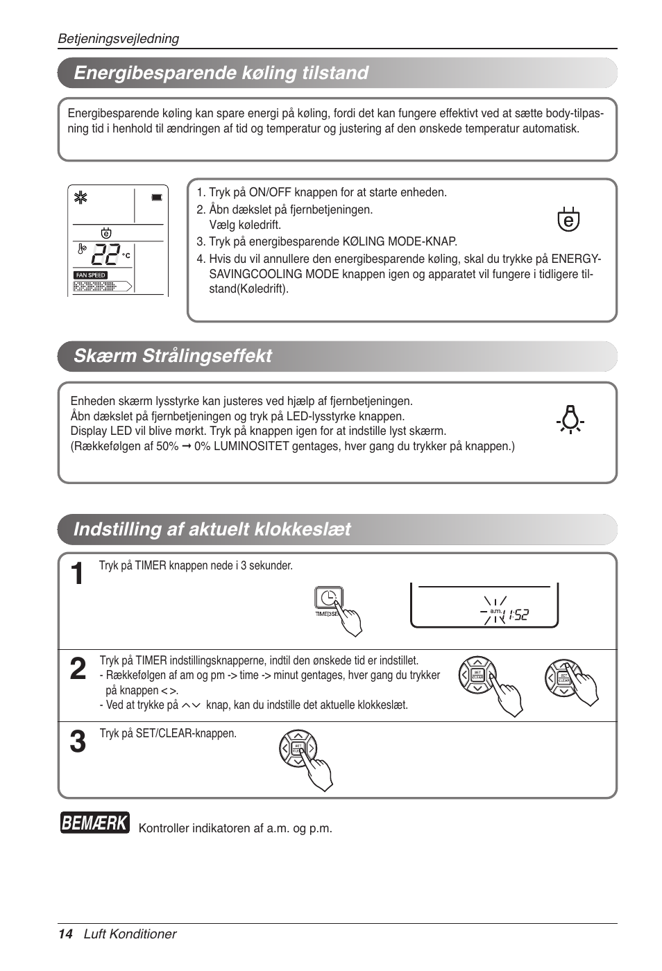 Bemærk, Energibesparende køling tilstand, Skærm strålingseffekt | Indstilling af aktuelt klokkeslæt | LG CC07AWV User Manual | Page 374 / 381