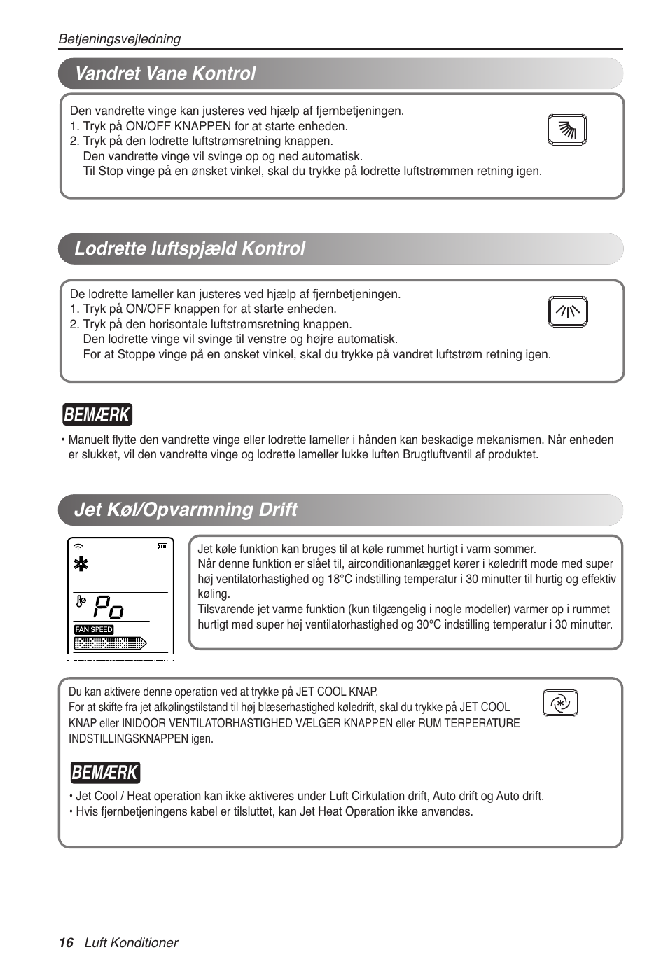 Bemærk, Vandret vane kontrol lodrette luftspjæld kontrol, Jet køl/opvarmning drift | LG CC07AWV User Manual | Page 376 / 381