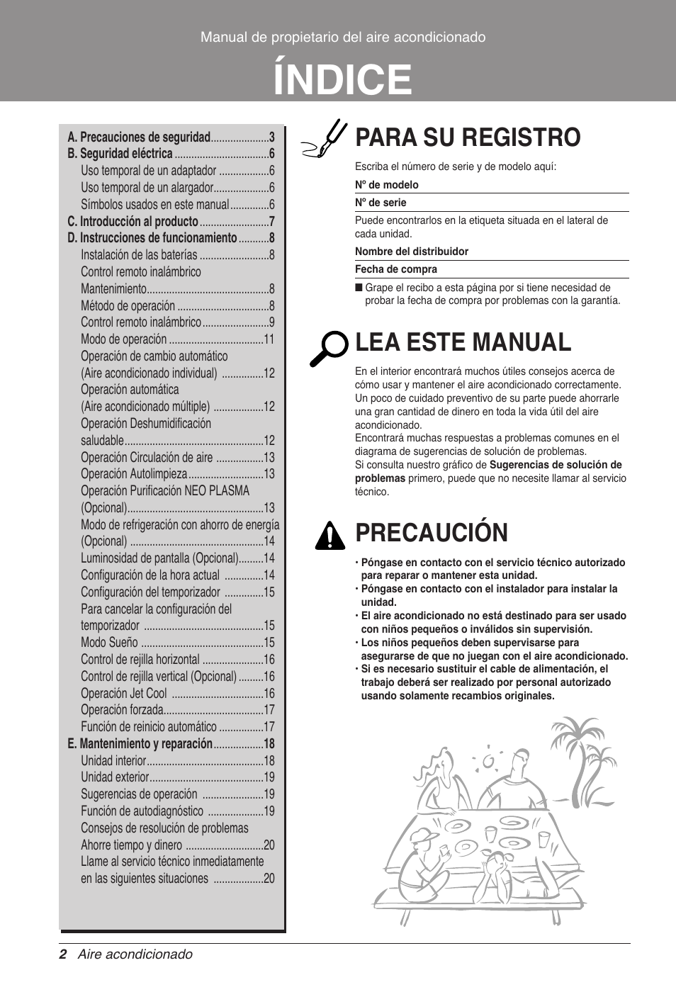 Índice, Para su registro, Lea este manual | Precaución | LG CC07AWV User Manual | Page 42 / 381