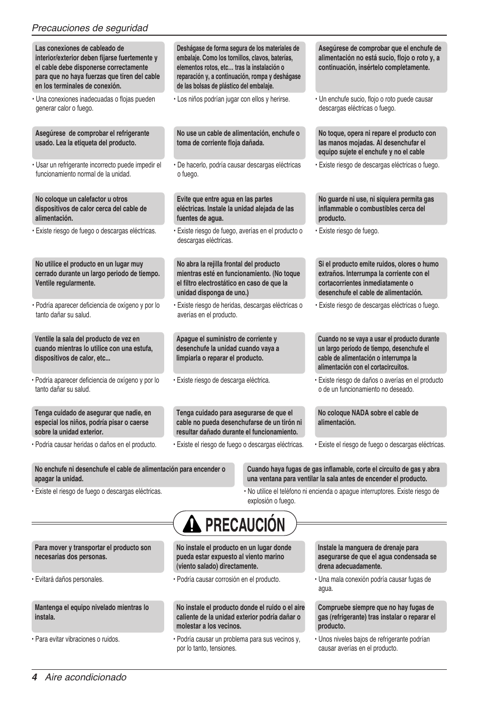 4 aire acondicionado precauciones de seguridad | LG CC07AWV User Manual | Page 44 / 381