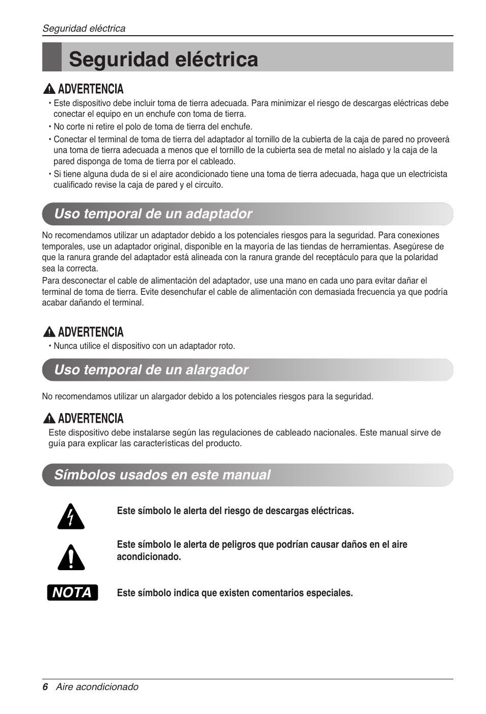 Seguridad eléctrica, Nota, Símbolos usados en este manual | LG CC07AWV User Manual | Page 46 / 381