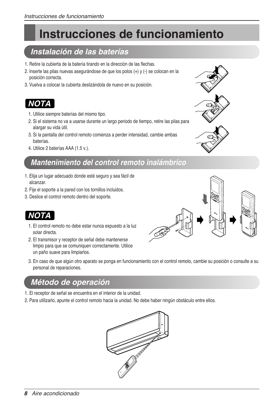 Instrucciones de funcionamiento, Nota, Método de operación | LG CC07AWV User Manual | Page 48 / 381