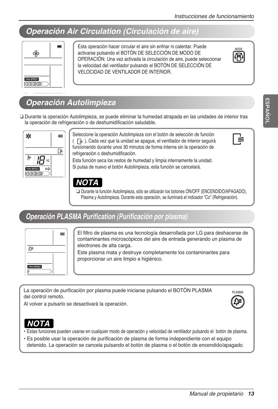 Nota, Operación autolimpieza, Operación air circulation (circulación de aire) | LG CC07AWV User Manual | Page 53 / 381