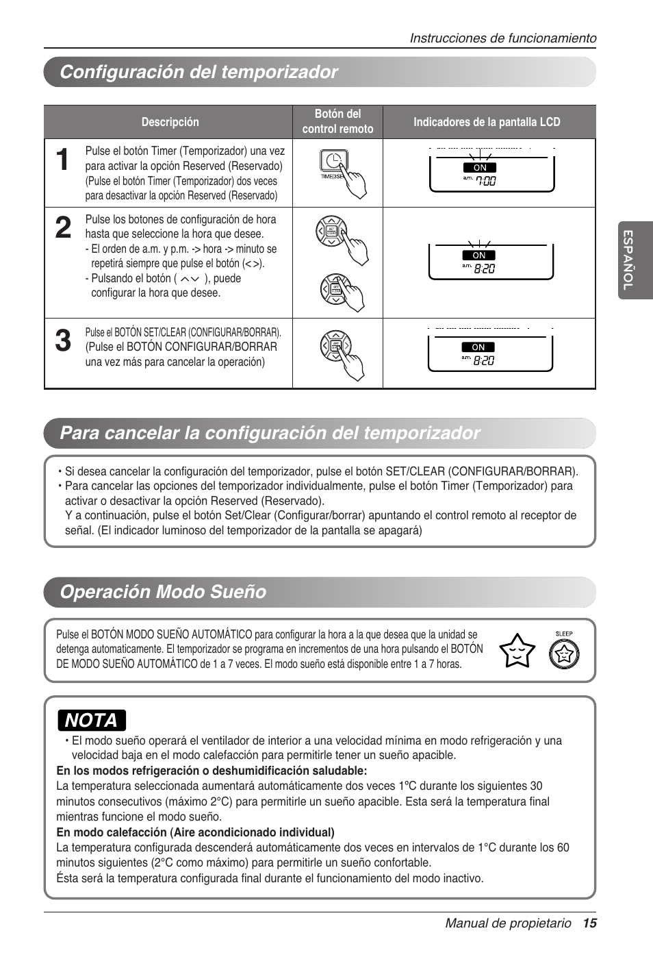 Nota, Operación modo sueño | LG CC07AWV User Manual | Page 55 / 381