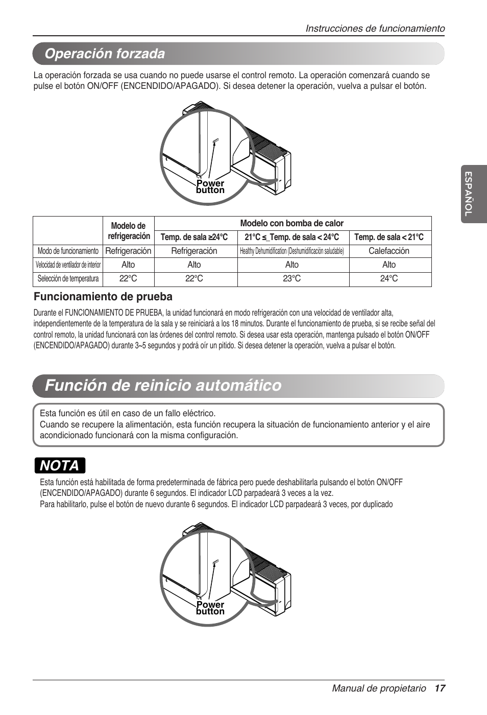 Función de reinicio automático, Nota, Operación forzada | Funcionamiento de prueba | LG CC07AWV User Manual | Page 57 / 381