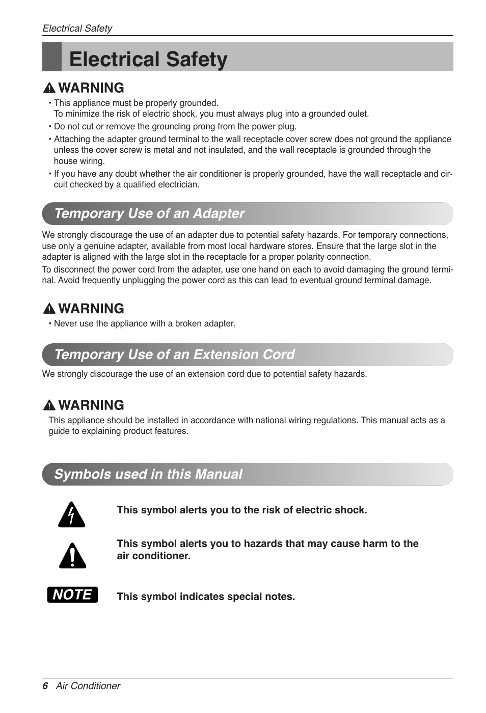 Electrical safety, Symbols used in this manual | LG CC07AWV User Manual | Page 6 / 381