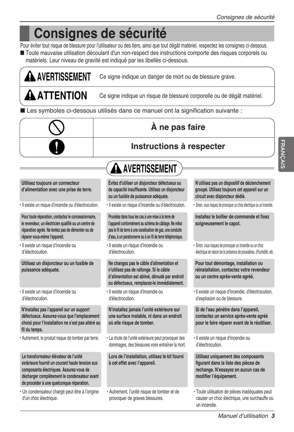 Consignes de sécurité, Avertissement attention, Avertissement | À ne pas faire instructions à respecter | LG CC07AWV User Manual | Page 63 / 381