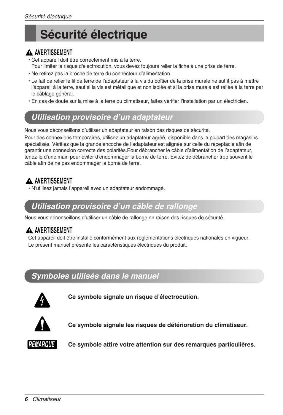 Sécurité électrique, Remarque, Avertissement | Symboles utilisés dans le manuel | LG CC07AWV User Manual | Page 66 / 381
