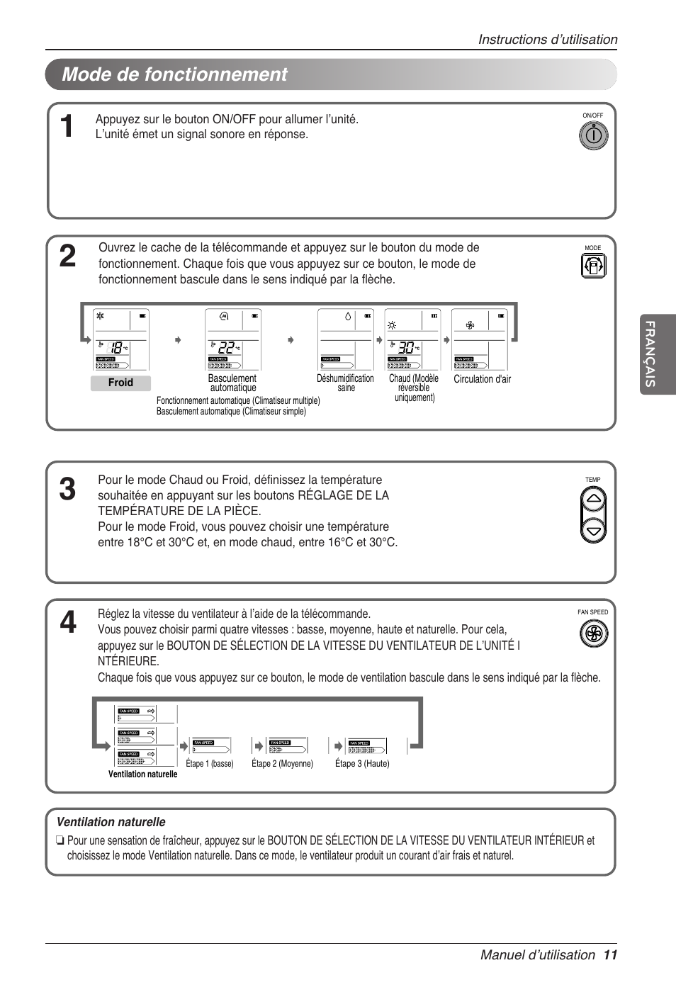 Mode de fonctionnement | LG CC07AWV User Manual | Page 71 / 381