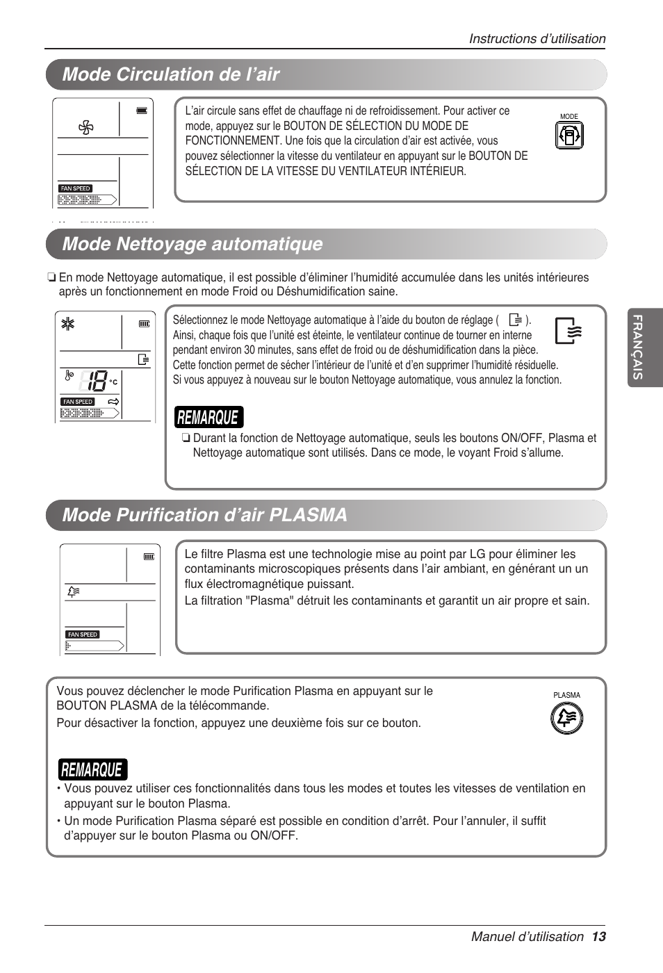 Remarque, Mode nettoyage automatique, Mode purification dʼair plasma | Mode circulation de lʼair | LG CC07AWV User Manual | Page 73 / 381