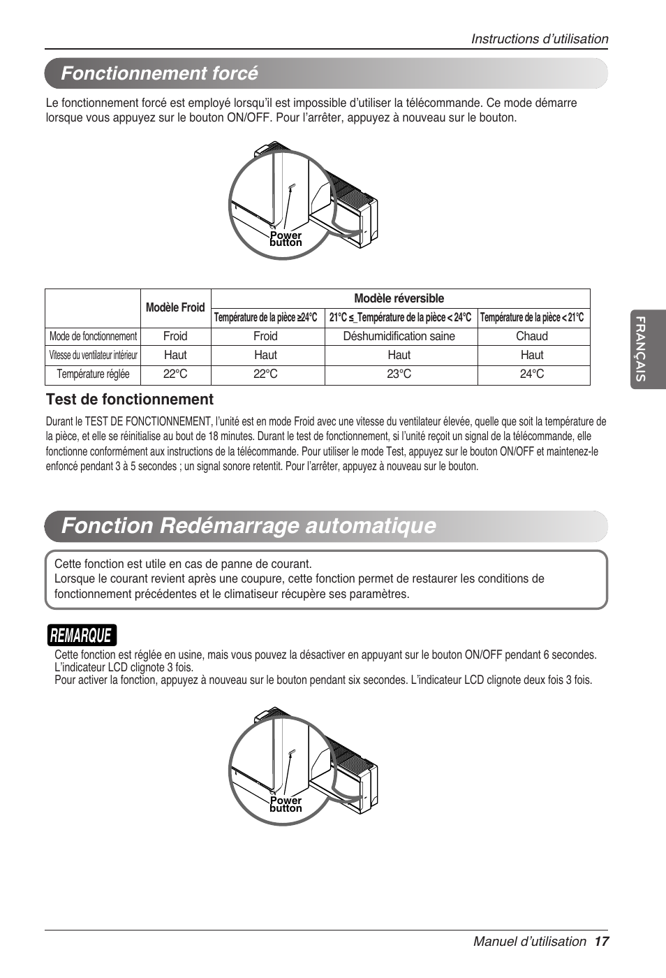 Fonction redémarrage automatique, Remarque, Fonctionnement forcé | Test de fonctionnement | LG CC07AWV User Manual | Page 77 / 381