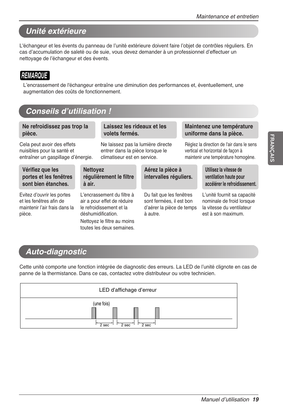 Remarque, Unité extérieure, Conseils dʼutilisation ! auto-diagnostic | LG CC07AWV User Manual | Page 79 / 381