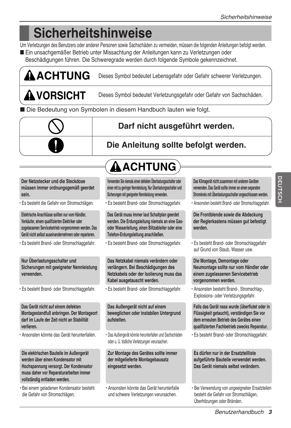 Sicherheitshinweise, Achtung vorsicht, Achtung | LG CC07AWV User Manual | Page 83 / 381