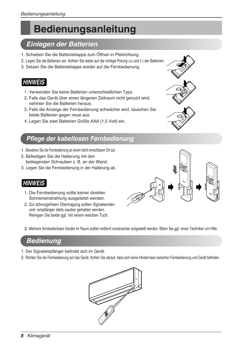 Bedienungsanleitung, Hinweis, Bedienung | LG CC07AWV User Manual | Page 88 / 381