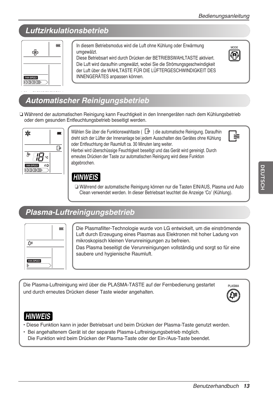 Hinweis, Automatischer reinigungsbetrieb, Plasma-luftreinigungsbetrieb | Luftzirkulationsbetrieb | LG CC07AWV User Manual | Page 93 / 381